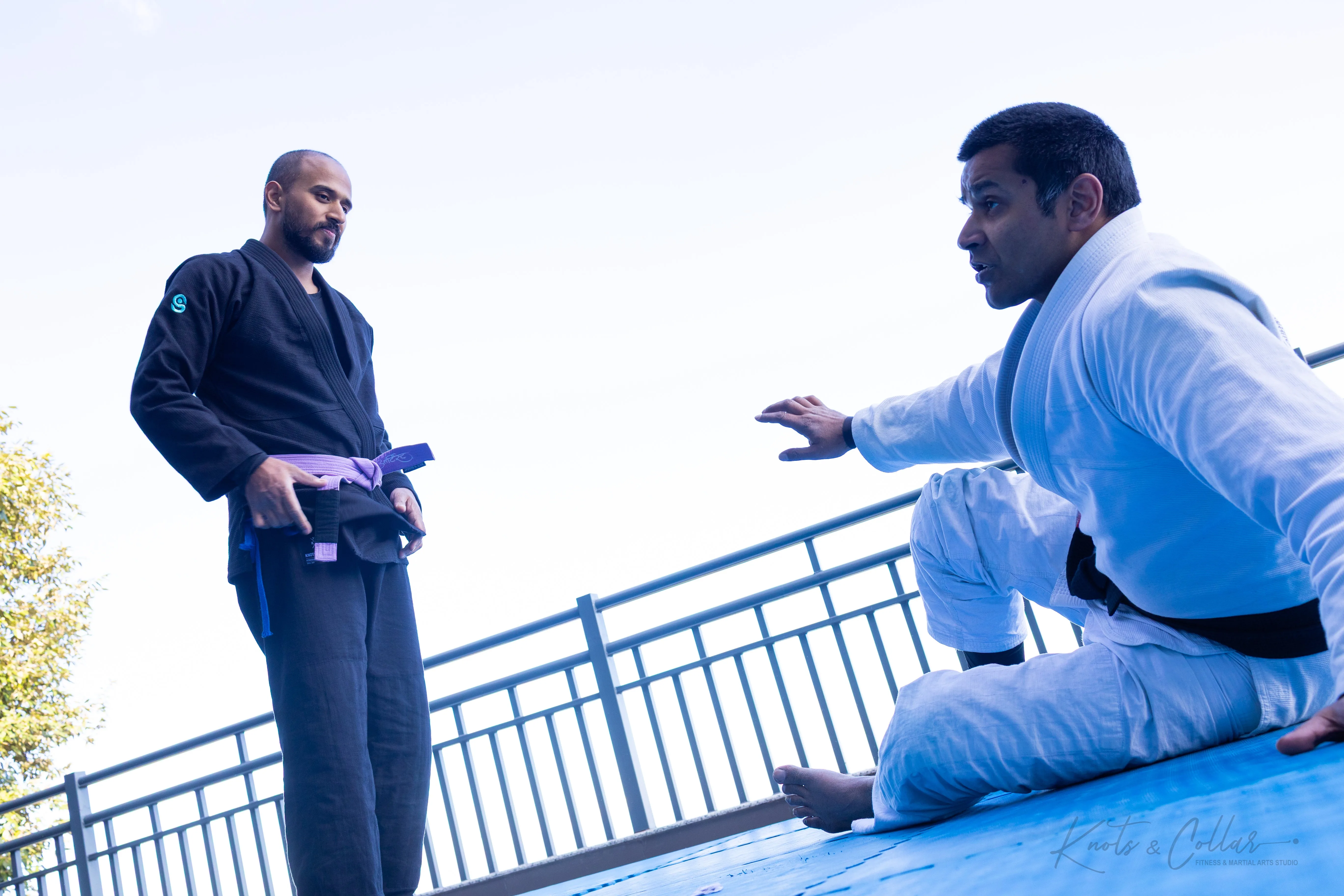 BJJ standing technique drill on the rooftop at KC Manthan retreat