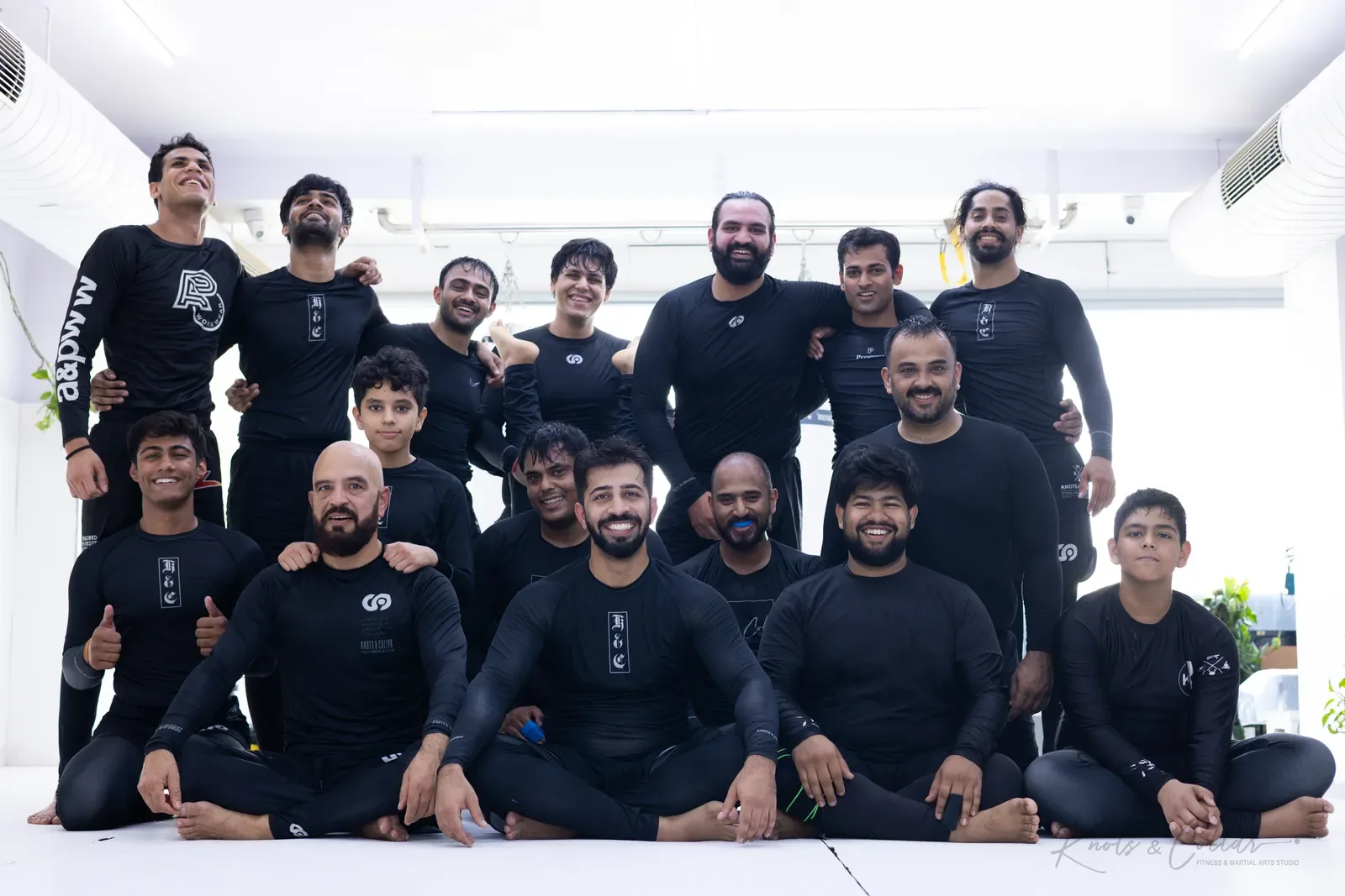 No-Gi BJJ class in India: the Saturday team at Knots & Collar, Defence Colony, New Delhi, in rash guards after training Brazilian Jiu-Jitsu