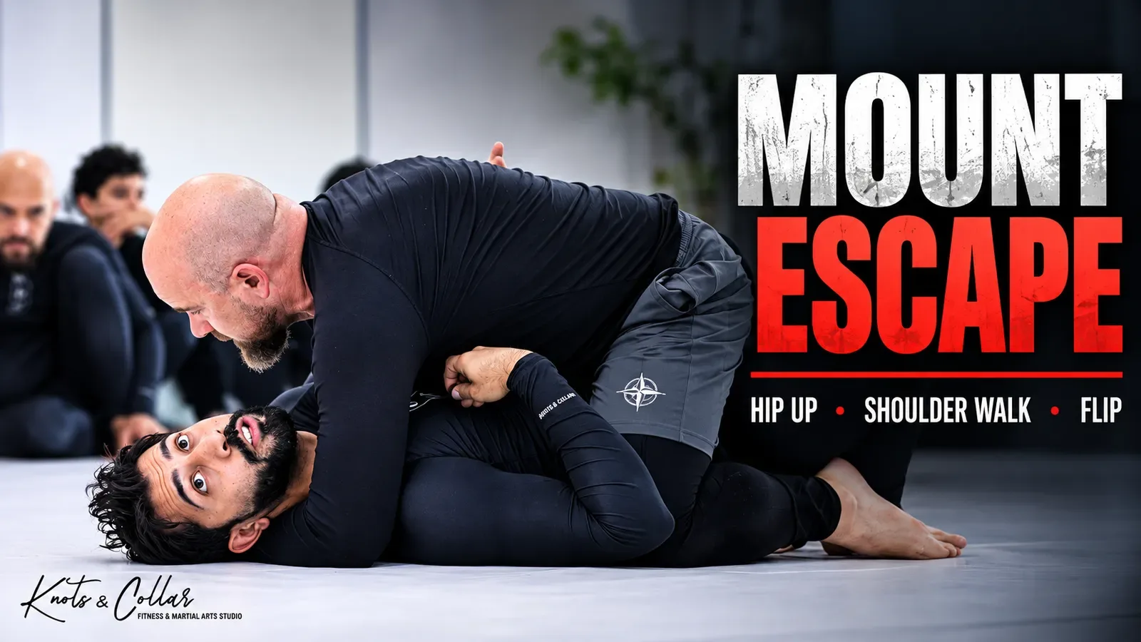No-Gi BJJ mount escape at Knots & Collar, India: the bottom partner keeps hips up and shoulder walks under a heavy mount — hip up, shoulder walk, flip