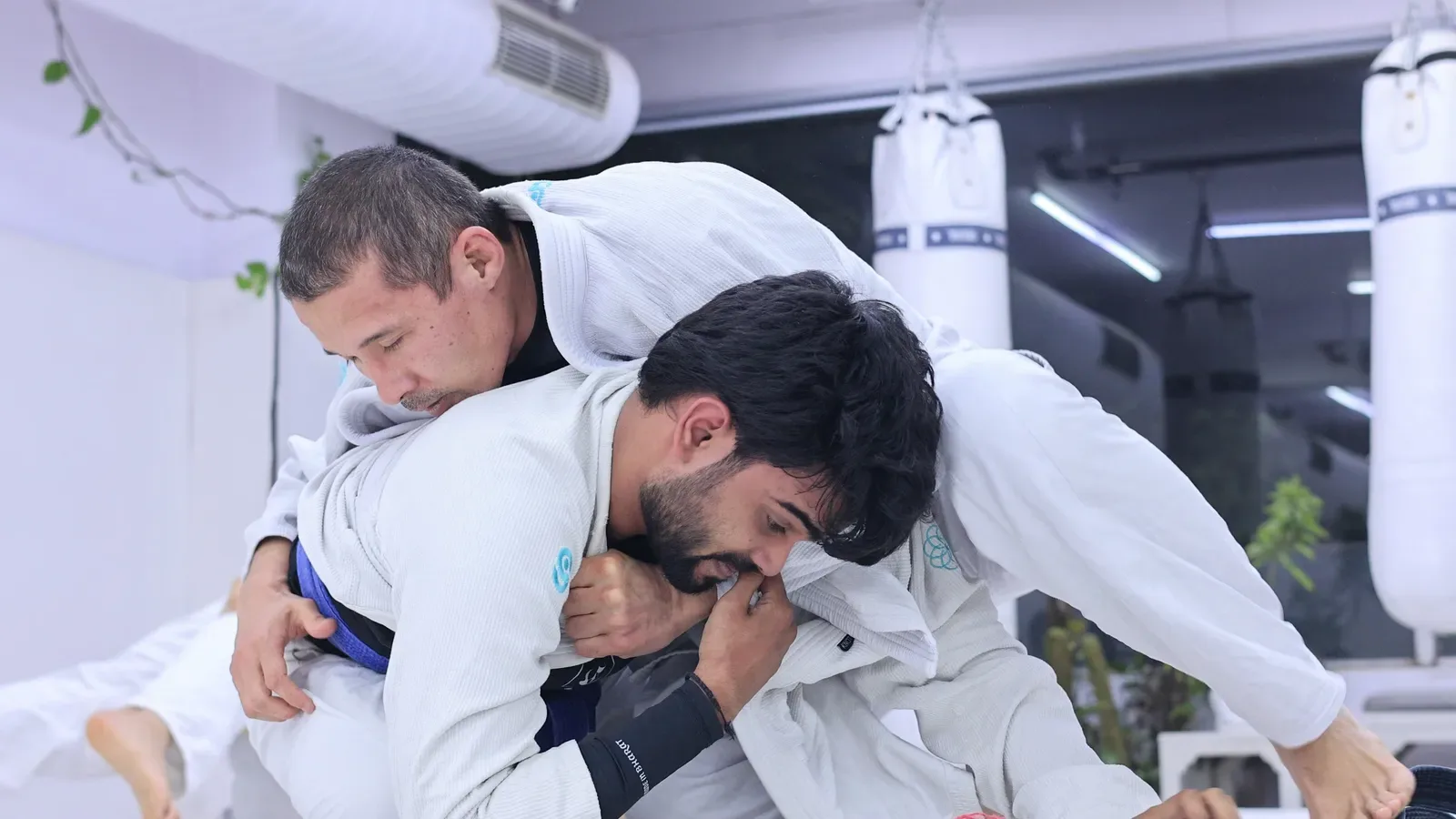Professor Bek of Checkmat Kazakhstan working close grips with a Knots & Collar student at the BJJ seminar in New Delhi